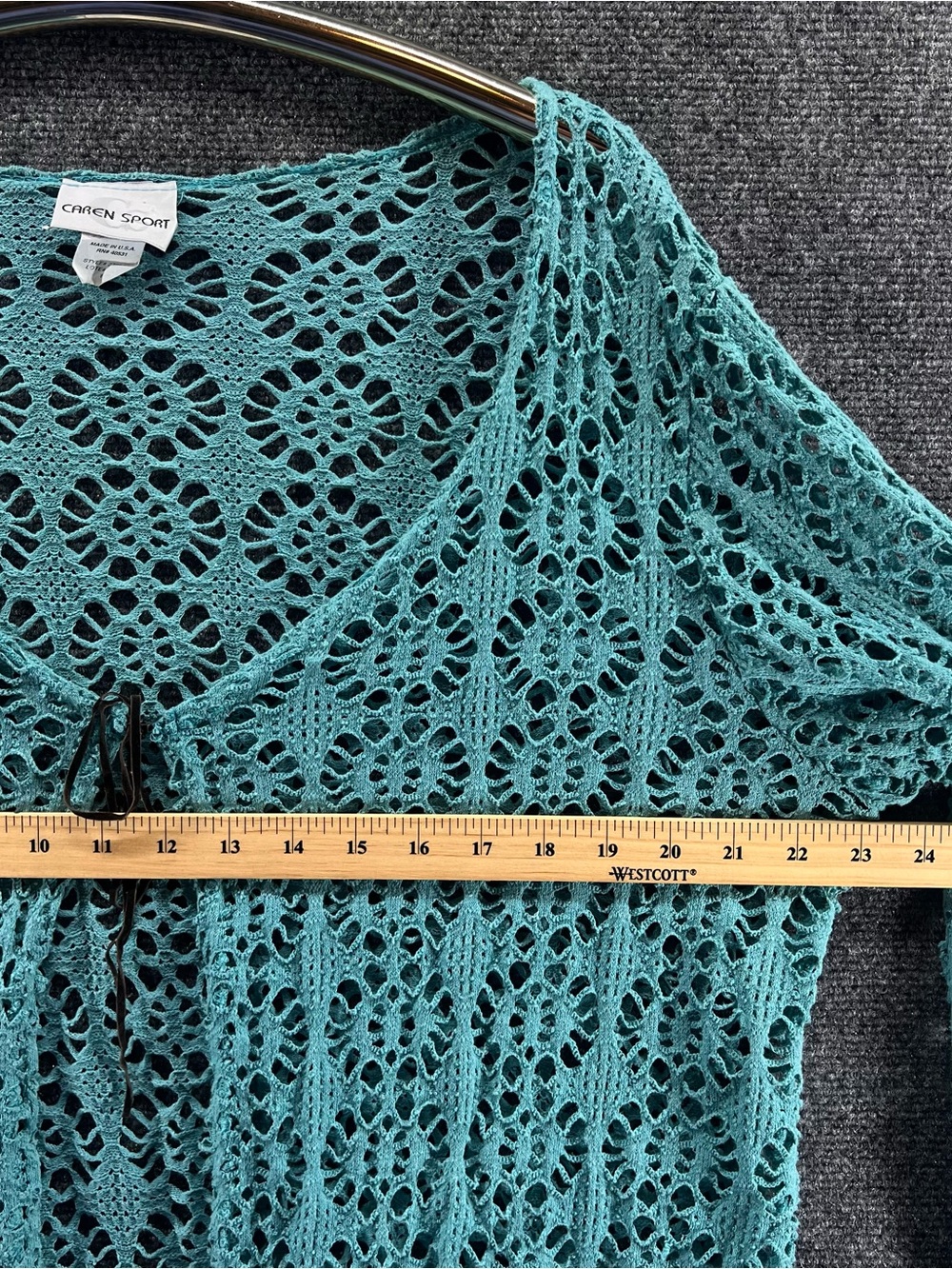 Vtg Caren Sport Crochet Tie Front Cardigan 1X Teal Boho Cottagecore Coastal - Picture 6 of 10